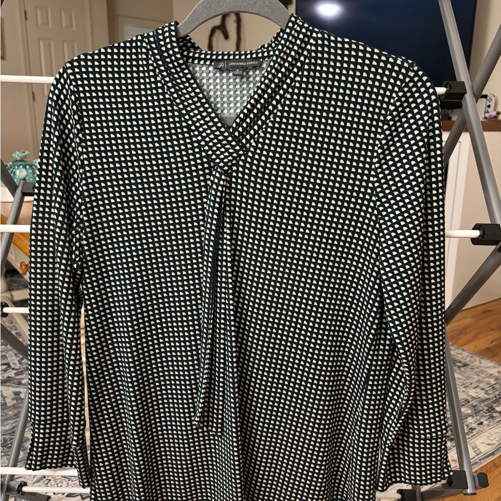 Adrianna Papell Green Black and Cream Checkered Blouse